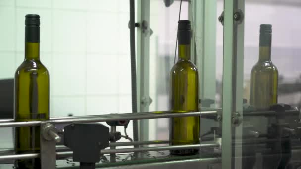 Las botellas verdes se mueven a lo largo del transportador automatizado en una fábrica de embotellado de vino. Primer plano . — Vídeo de stock