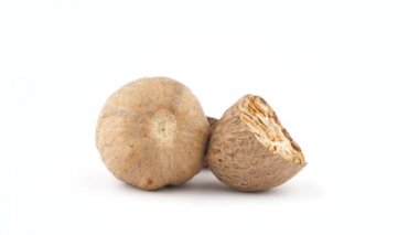 Soyulmuş ve kırık bir Hindistan cevizi. Beyaz arka plan üzerinde izole pikap üzerinde yavaş yavaş döner. Yakın çekim. Makro.