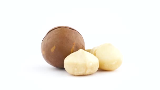 Twee Geheel Een Halve Macadamia Noten Pitten Een Moer Inshelled — Stockvideo