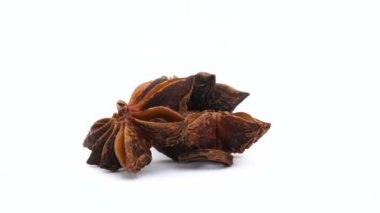 Beyaz arka plan üzerinde izole pikap üzerinde dönen birkaç kurutulmuş anasonu meyve. Yakın çekim. Makro.