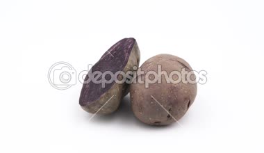 Yarım ve bir bütün vitelotte patates. Beyaz arka plan üzerinde izole pikap üzerinde yavaş yavaş döner. Yakın çekim. Makro.