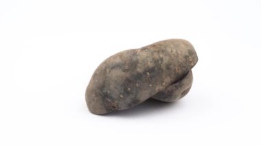 Vitelotte patates iki yarısı. Beyaz arka plan üzerinde izole pikap üzerinde yavaş yavaş döner. Yakın çekim. Makro.