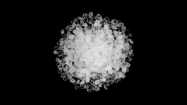 Top view from above of a table salt crystals pile. Rotating on the turn table. Isolated on the black background. Close-up. Macro. — Stock Video