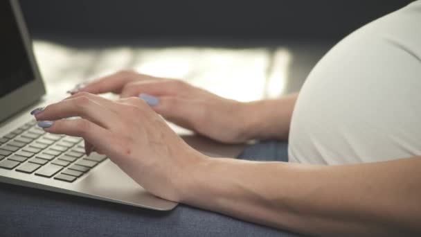 Una vista lateral cercana de las manos de la mujer embarazada escribiendo en el portátil — Vídeo de stock