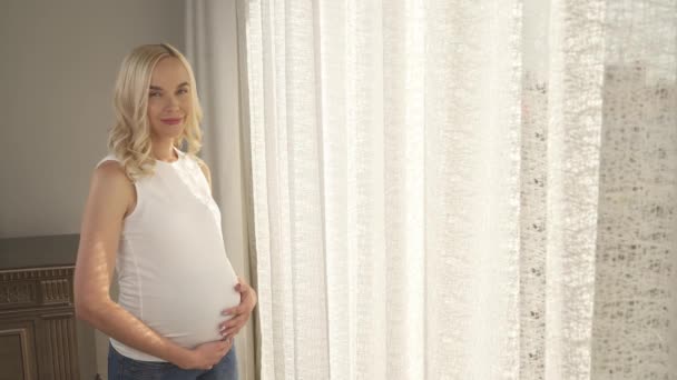 Una vista laterale di una bella bionda in piedi vicino alla finestra e accarezzandosi la pancia. Guarda la macchina fotografica e sorride, poi guarda la pancia con tenerezza. — Video Stock