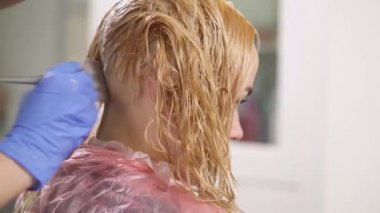 Boyalı saçlı sarışın geri kameraya oturur. Mavi eldiven elinde bir berber saç kökleri alt ayırdı saç üzerinde boya uygulanır. O saç aşağı uzanan.