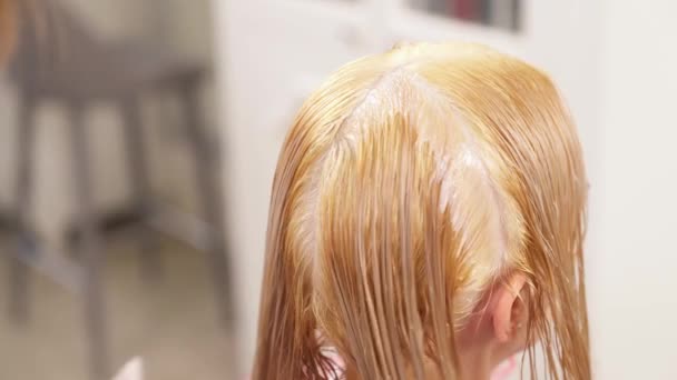 En ovanifrån av blonda sitter tillbaka till kameran med hår parted. Frisörens hand i blå handskar gäller hårfärgningsmedel på hårrötterna längs avsked. — Stockvideo