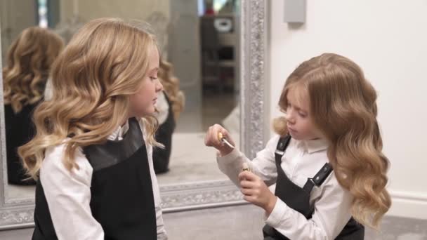 Side View Two Pretty Girls Dressed Black White Sit Floor — Stock Video