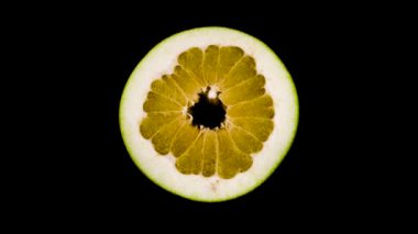 Büyük shaddock pomelo meyve bölümü kesim çapraz üstten görünüm yukarıdan. Yavaş yavaş pikap üzerinde döner. Siyah arka plan üzerine izole. Yakın çekim. Makro.