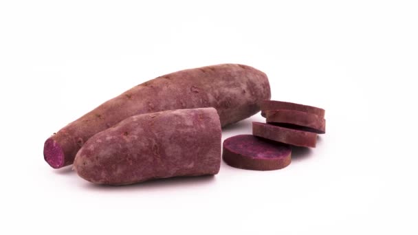 One Whole One Half Sweet Potato Few Purple Batata Slices — Stock Video