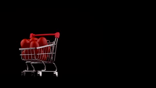 Половина Рамки Макросъемка Тележки Супермаркета Набитая Красными Помидорами Черри Вращение — стоковое видео