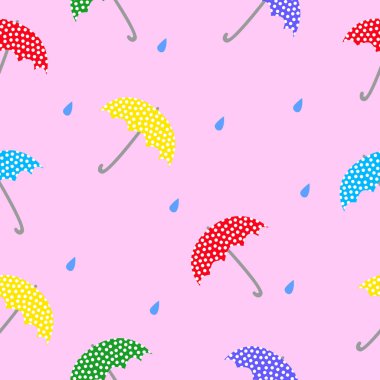 Sert hava renkli şemsiyeler ve yağmur damlaları sembolleri. Vektör sorunsuz çizim.