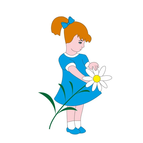 Linda Chica Vestido Azul Con Flor Manzanilla Aislada Por Fondo — Vector de stock