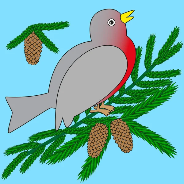 Ladin şube izole mavi bir arka plan üzerinde oturan kırmızı meme ile büyük şakrak kuşu.