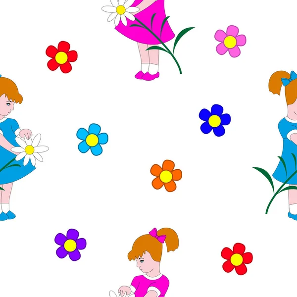 Niña Flores Diferente Color Ilustración Sin Costura Vectorial Para Niños — Vector de stock