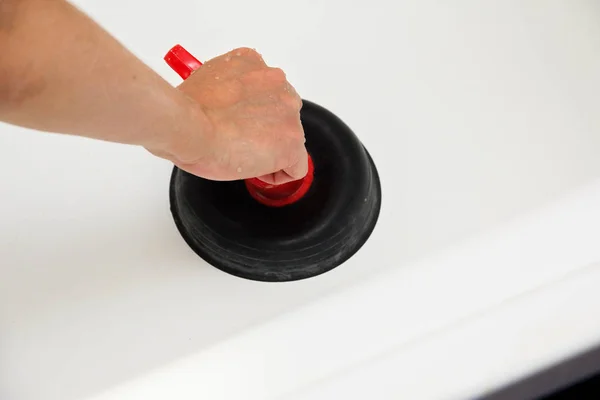 Woman Clears Drain Bath Plunger — Stock Photo, Image