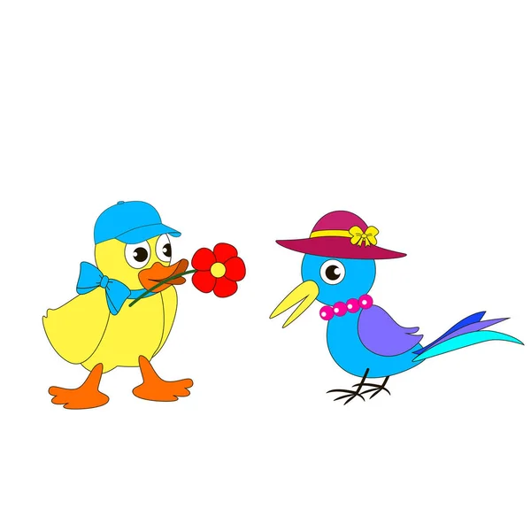 Sevimli ördek yavrusu bir magpie bir çiçek verecek.