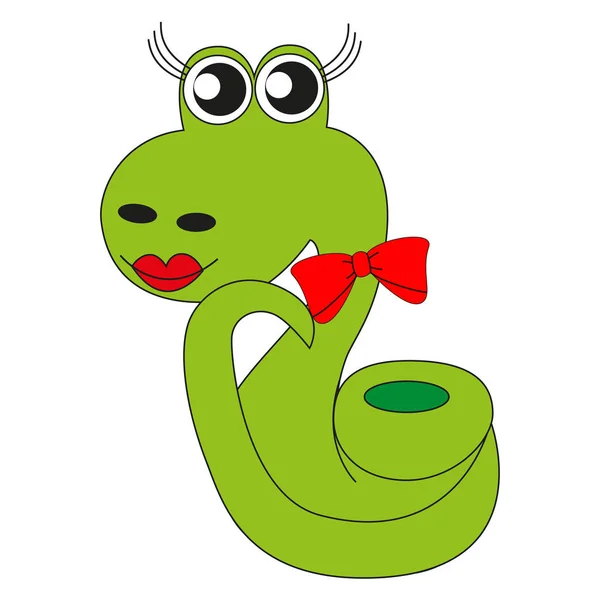 Carino Cartone Animato Serpente Verde Con Labbra Dipinte Fiocco Rosso — Vettoriale Stock
