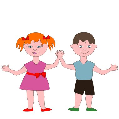 İki çocuk, bir çocuk mavi tişört ve siyah şort ve pembe elbiseli bir kız ellerini tutun.