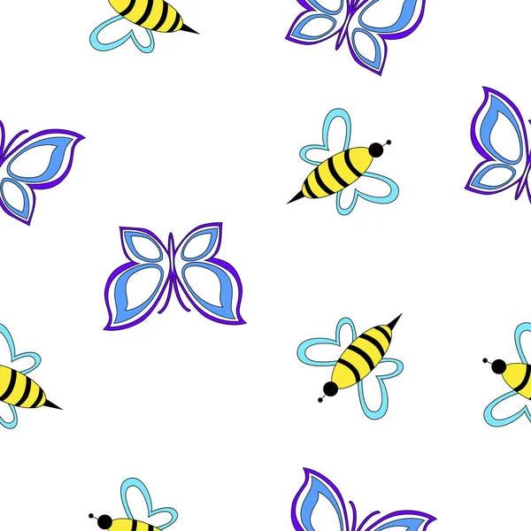 Бесшовный Простой Узор Пчелами Бабочками Изолированными Белом Фоне — стоковый вектор