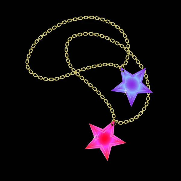 Neon ve pembe tonları siyah arka plan tarafından izole yıldız şeklinde Kolyeler ile iki altın zincir.