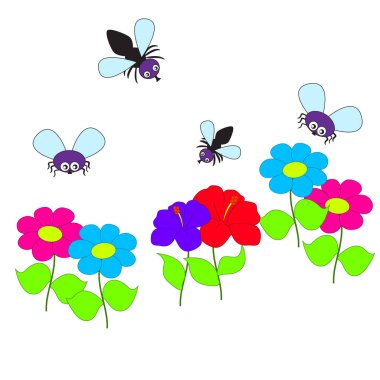 Çiçeklerin üzerinde uçan sinekler.