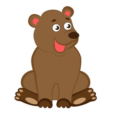 Çizgi film kahverengi oyuncak ayısı beyaz arka planda izole bir pozisyonda oturuyor..