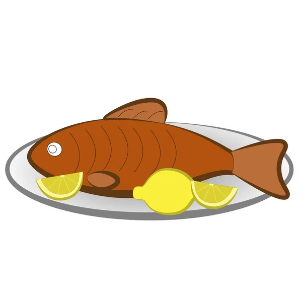Gebratener Fisch Auf Einem Teller Mit Zitronen Isoliert Auf Weißem — Stockvektor