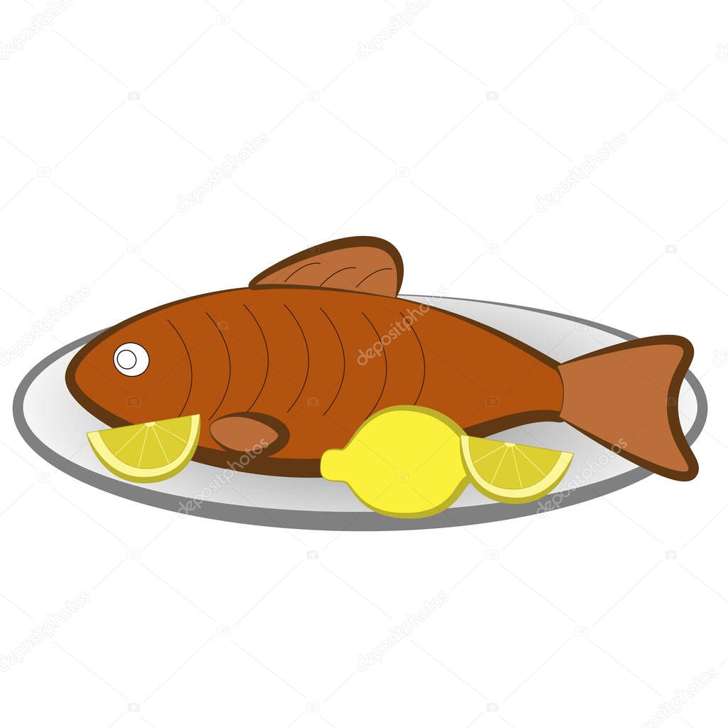 Fried fish on a platter with lemons isolated on white background.
