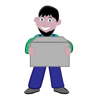 Elinde bir kutu tutan gülümseyen bir erkek yükleyici izole edilmiş beyaz arka plan.