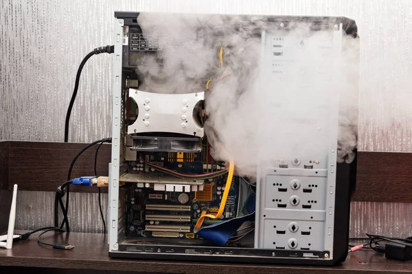 Smoke Faulty Personal Computer Side Cover Removed — Stock Photo, Image