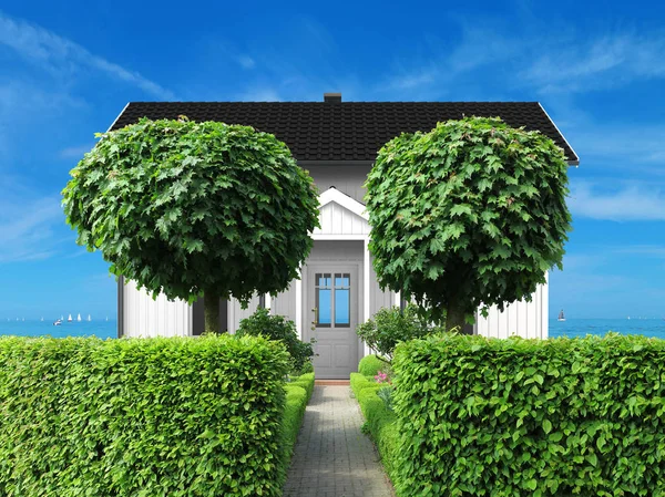 Maison Vacances Côtière Blanche Avec Façade Haie Vue Sur Mer — Photo