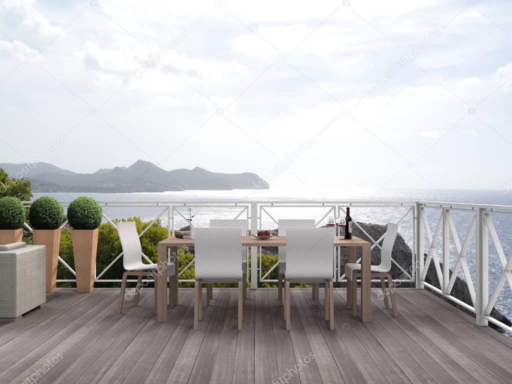 vacation scenery with beautiful terrace, patio or balcony with a view to the mediterranean sea - 3D rendering