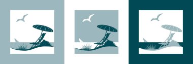 Güneş şemsiyesi, şezlong, martı, Yelkenli tekne, plaj ve deniz yaz tatil vektör simgesiyle
