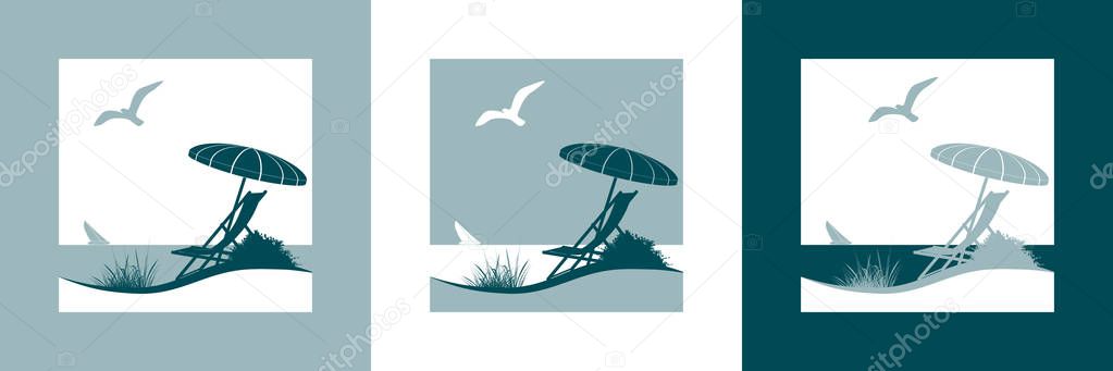 Summer vacation vector symbol with sunshade, deckchair, seagull, sailing boat, beach and the sea