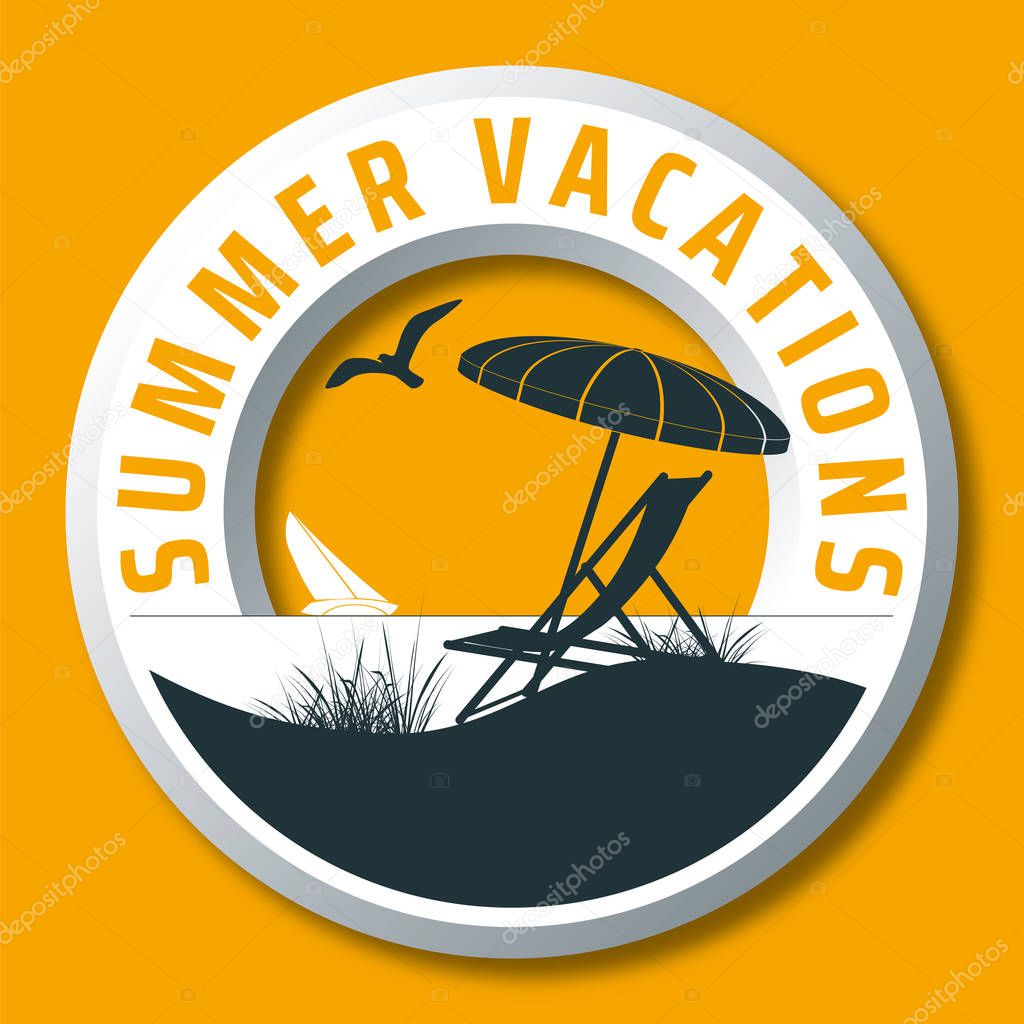 Summer vacations vector logo with sunshade, deck chair, sailing boat, beach, seagull and the sea
