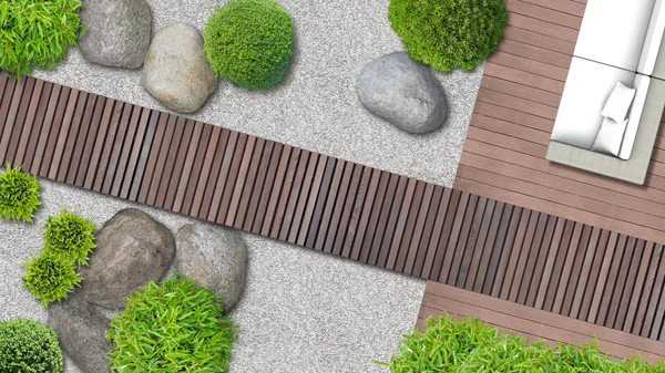 Arquitetura Moderna Jardim Japonês Com Terraço Vista Superior Ilustração Composta — Fotografia de Stock