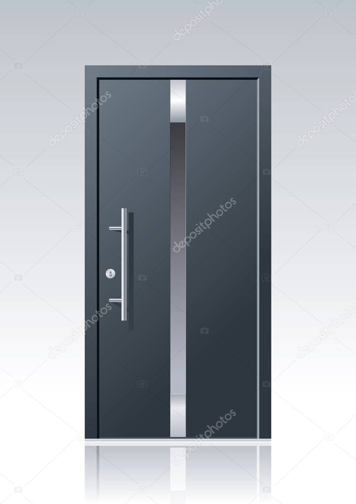 trendy dark grey vector front door with glass windows and steel applications