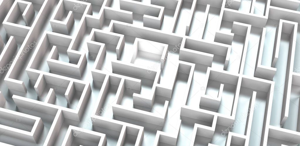 conceptual 3d rendering of a white maze on metallic background