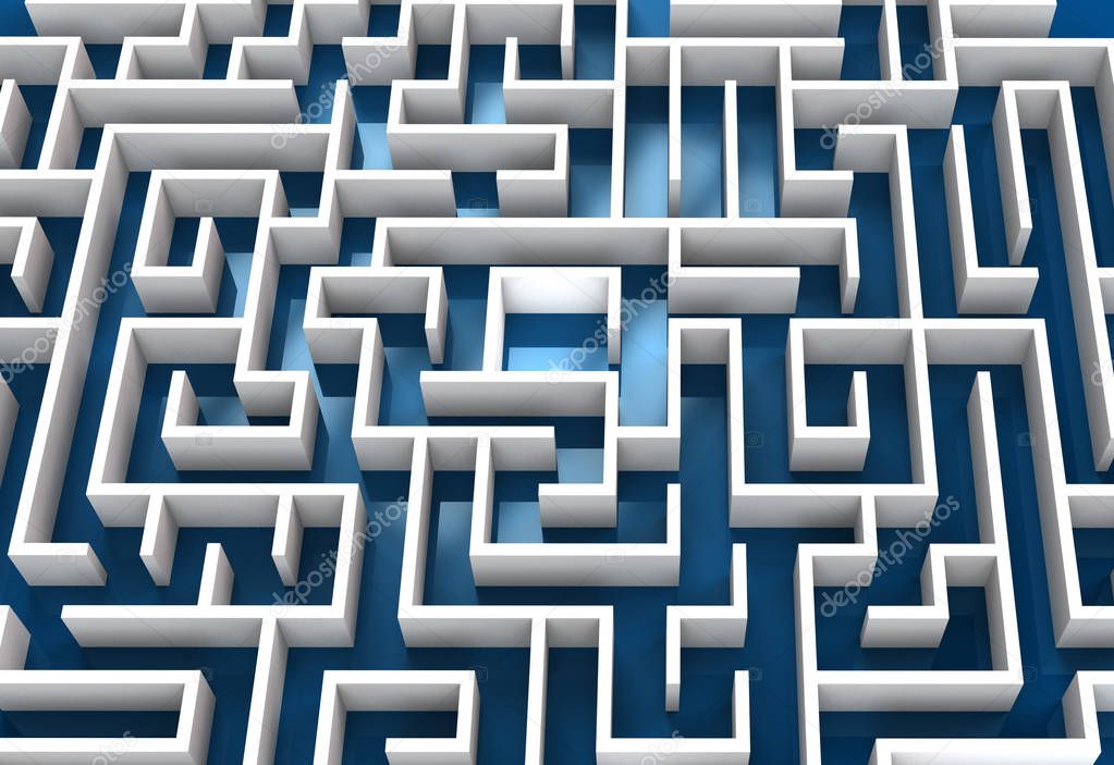 conceptual 3d rendering of a white maze on blue background