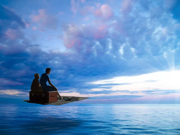 Vacaciones Ensueño Con Una Alfombra Voladora Sobre Mar Tranquilo Hacia — Foto de Stock