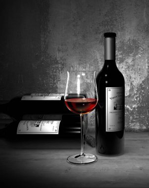 3D render gösteren Bordeaux Grand Cru kırmızı şarap şişeleri ve bodrumda - cam şişeler etiketleri hayali ve kendimi tarafından tasarlanmıştır. Bu şarap does't gerçekte adlı biri yok. Hiçbir hakları ihlal.