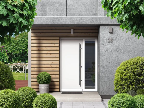 Modern Home Facade Entrance Front Door View Garden Rendering — Stock Photo, Image