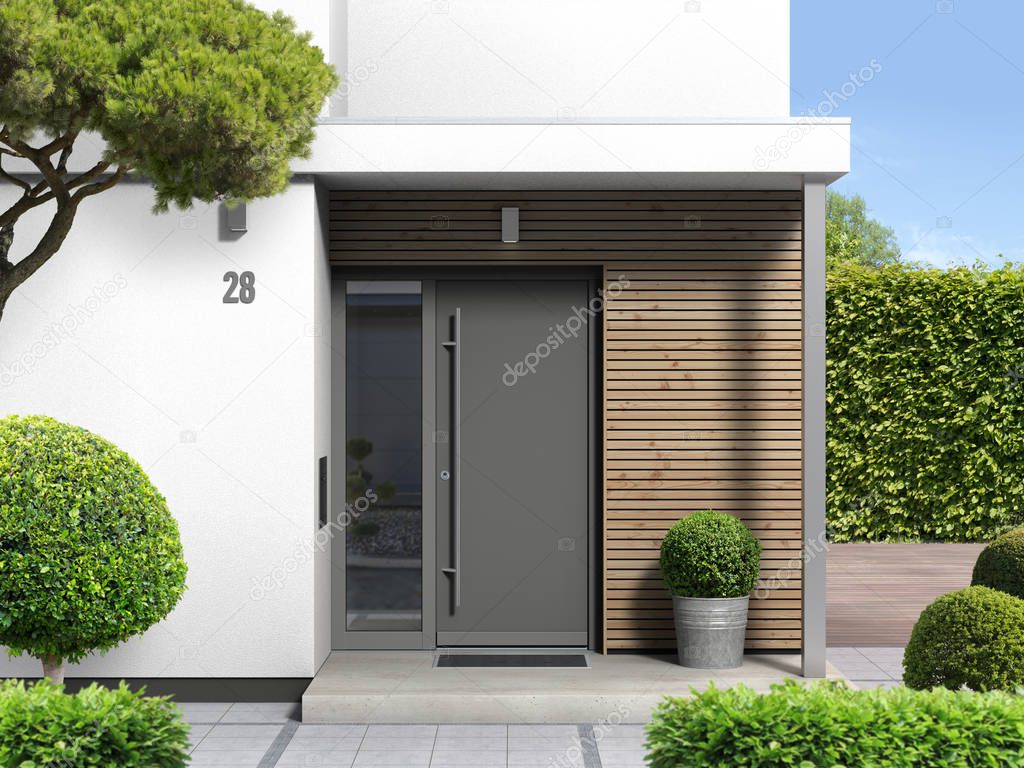 Modern bungalow Home entrnne with Front Dir -3D rendering