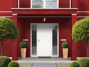 Giriş portalı, balkon, sütunlar ve ön kapı ile klasik tarzı Maroon ev Cephe-3D Rendering