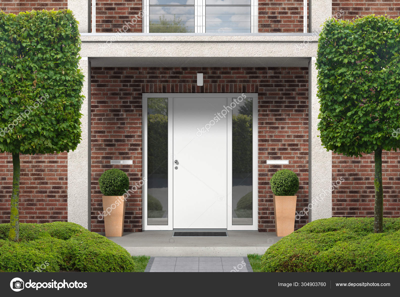Red Brick House Facade Entrance Portal Balcony Pillars Front