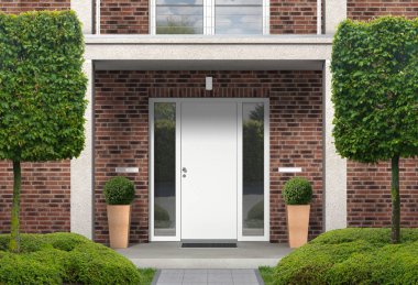 giriş portalı, balkon, sütunlar ve ön kapı ile kırmızı tuğla ev cephe - 3d render