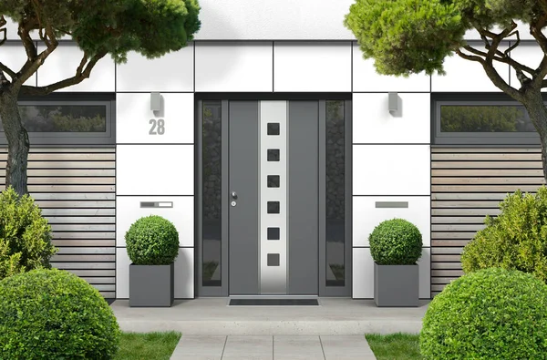 Rendu Maison Bungalow Immobilier Moderne Façade Avec Porte Entrée Blanche — Photo