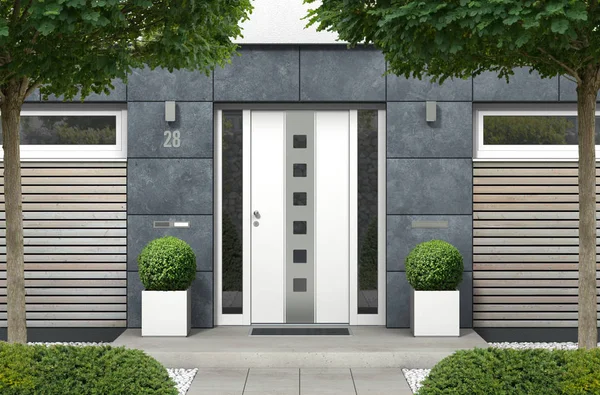 Rendering Modern Real Estate Bungalow Home Facade White Front Door — Stock Photo, Image