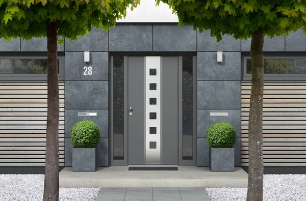 Rendu Maison Bungalow Immobilier Urbain Moderne Façade Avec Porte Entrée — Photo
